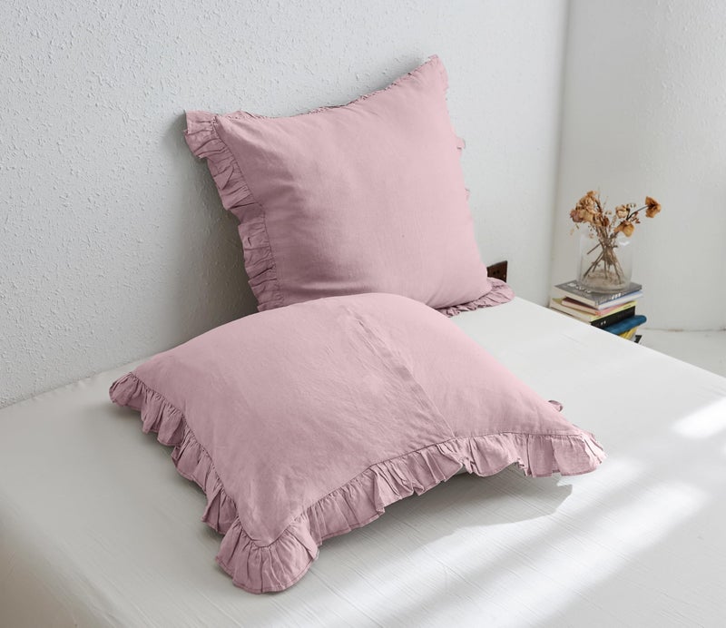 Simple&Opulence أغطية وسائد يورو من الكتان 100% بسيطة وفاخرة مع كشكش، 26x26 بوصة، مجموعة من 2 غطاء وسادة يورو لتزيين السرير والأريكة، ديكور منزلي فرنسي فاخر وقابل للتنفس، لون وردي فاتح - Image 2